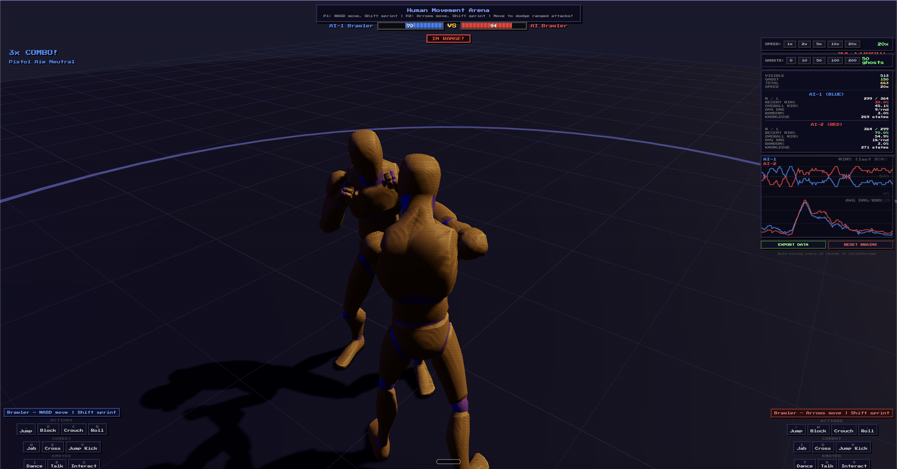 Two AI fighters engaged in close combat during training
